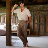 Vacation Vibes: Cuban Collar Men's Shirt in Beige Linen