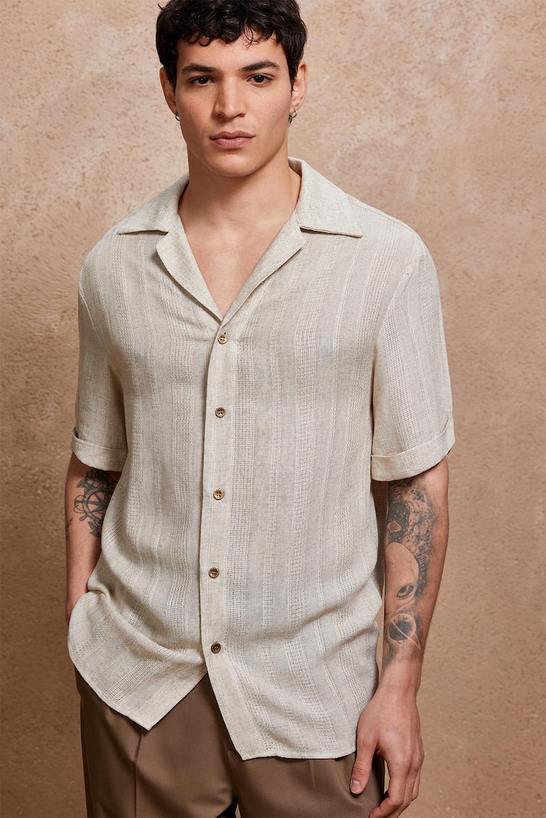 Vacation Vibes: Cuban Collar Men's Shirt in Beige Linen