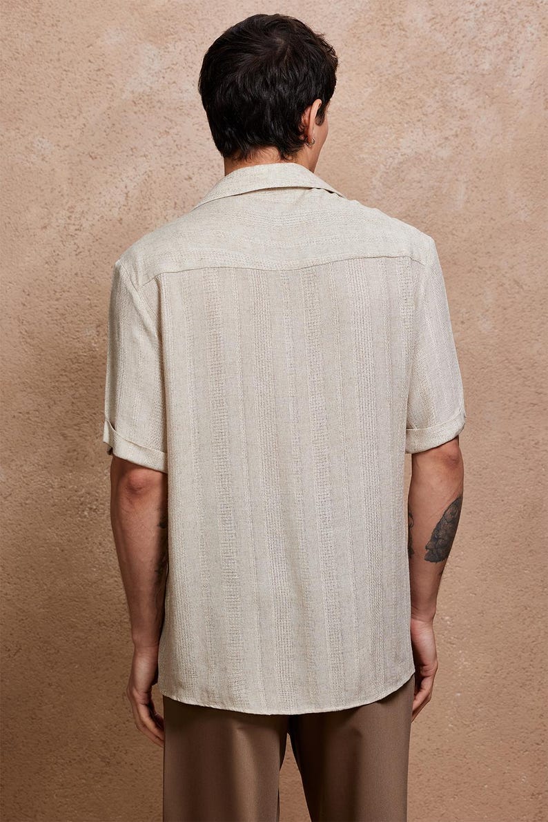 Vacation Vibes: Cuban Collar Men's Shirt in Beige Linen