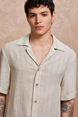 Vacation Vibes: Cuban Collar Men's Shirt in Beige Linen