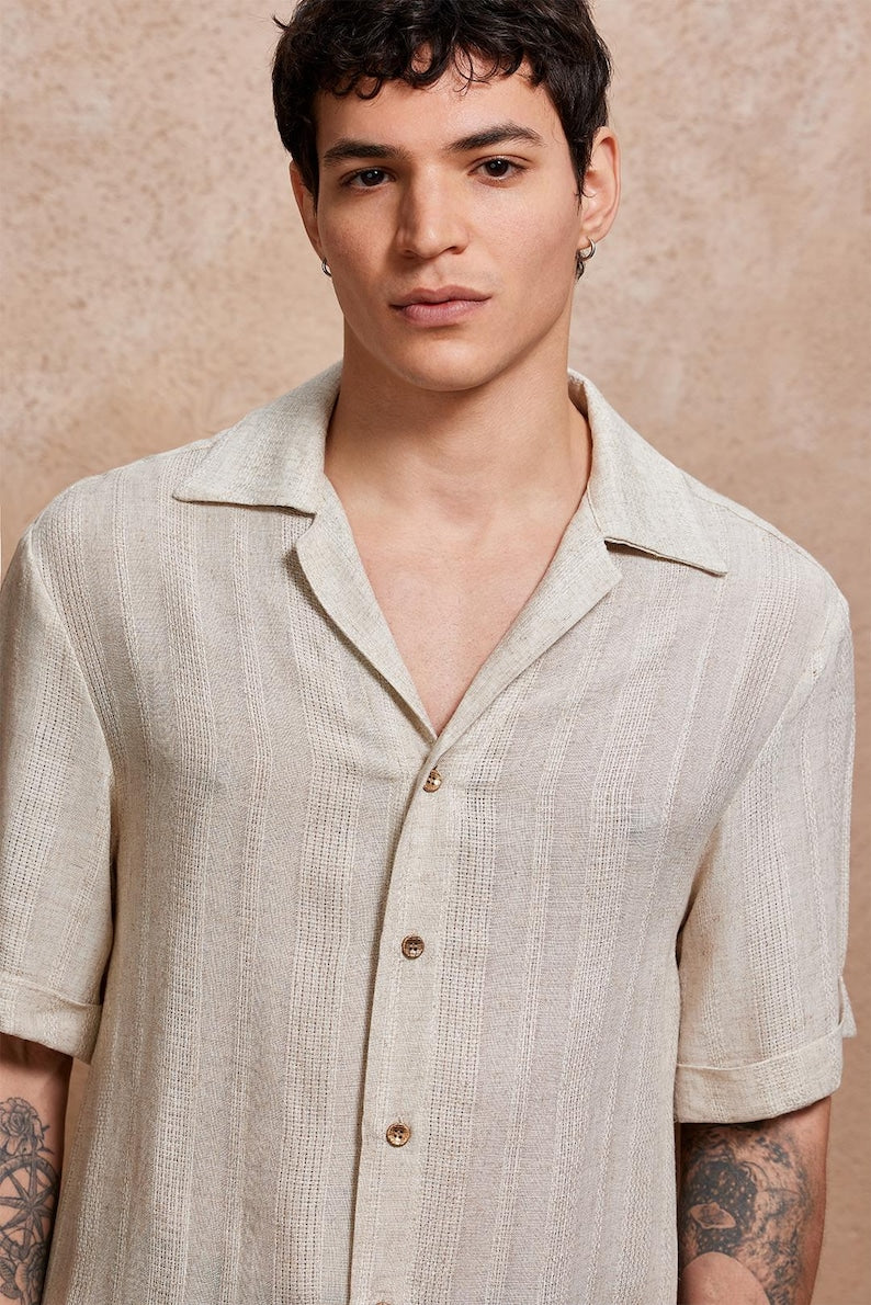 Vacation Vibes: Cuban Collar Men's Shirt in Beige Linen