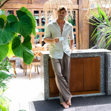 Vacation Vibes: Cuban Collar Men's Shirt in Beige Linen