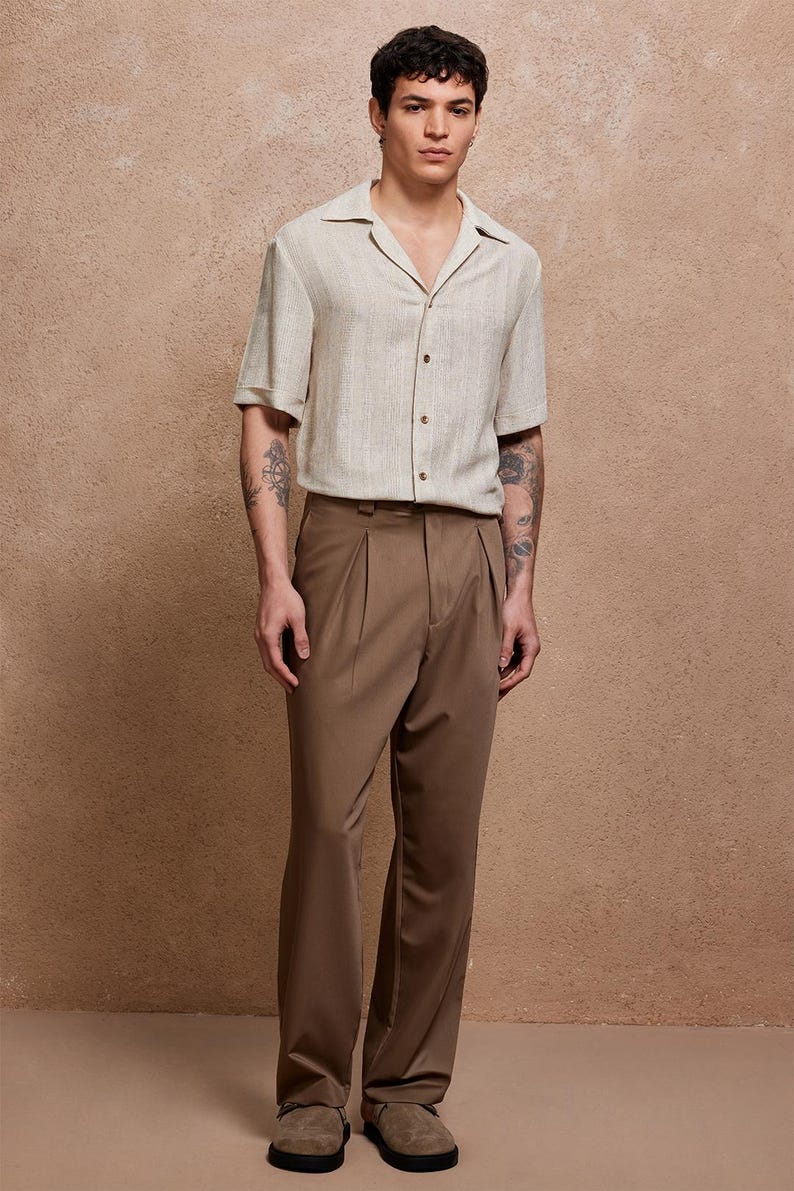 Vacation Vibes: Cuban Collar Men's Shirt in Beige Linen